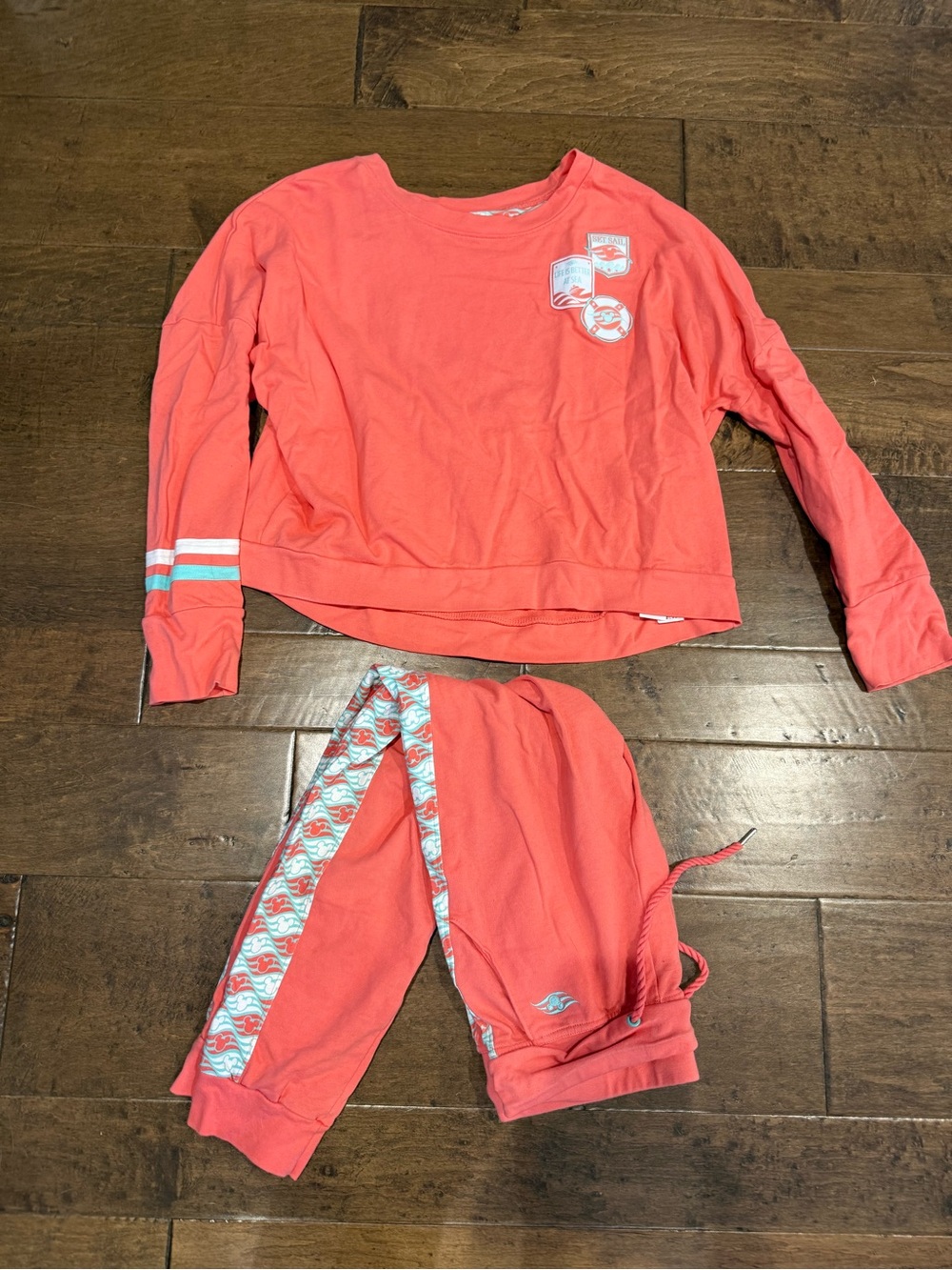 Women's Coral Long-Sleeve Pajama Set with Patterned Side Panels